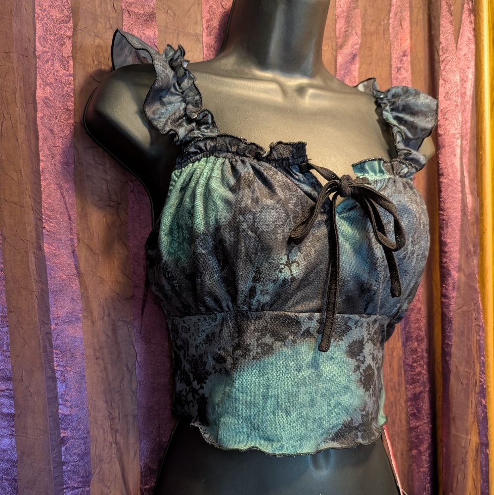 Black Green Tie-dye Floral Top Fairy Whimsygoth Witch Witchy Romantic Gothic M